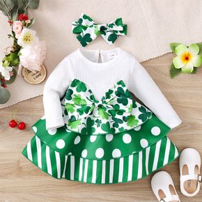 St. Patrick's Day 2pcs Baby Girl Ribbed Long-sleeve Splicing Four-leaf Clover Dots Striped Layered Dress with Headband Set