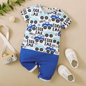 Baby Boy All Over Cartoon Car and Letter Print Short-sleeve Colorblock Jumpsuit
