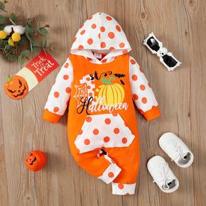 Halloween Baby Boy/Girl 95% Cotton Polka Dot Hooded Long-sleeve Spliced Pumpkin & Letter Print Jumpsuit