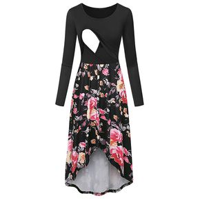 Stylish Floral Print Long-sleeve Nursing Dress