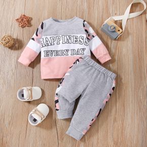 2pcs Baby Girl Letter Print Pink Leopard Splicing Long-sleeve Sweatshirt and Trousers Set