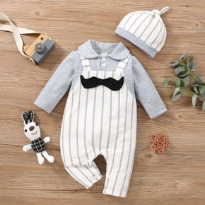 2pcs Baby Boy Grey Lapel Long-sleeve Splicing Striped Jumpsuit Set