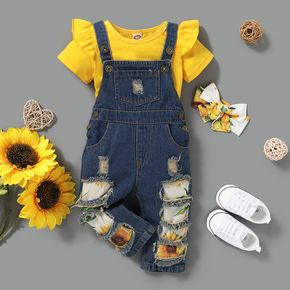 3-piece Baby / Toddler Girl Solid Top and Sunflower Denim Suspender Pants with Headband Set 