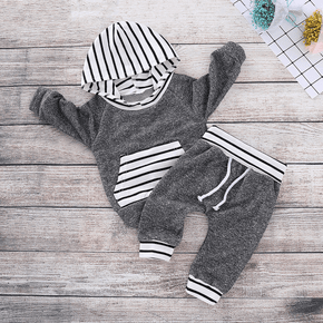 2pcs Stripe Print Hooded Long-sleeve Baby Set