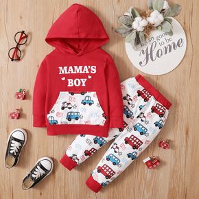 2pcs Baby Cartoon Car and Letter Print Red Long-sleeve Hoodie and Trousers Set