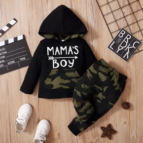 2pcs Baby Letter Print Camouflage Black Long-sleeve Cotton Hoodie and Pants Set