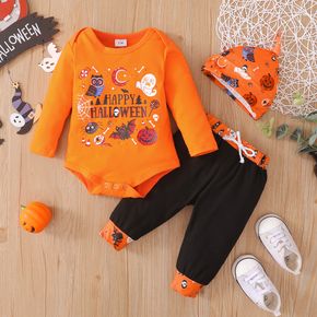 Halloween 3pcs Letter Print Baby Cotton Long-sleeve Romper and Trousers Set