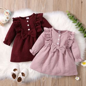 Baby Solid Button Down Long-sleeve Ruffle Bowknot Dress