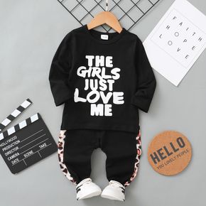 2-piece Toddler Boy Casual Letter Print Long-sleeve Tee and Leopard Print Pants Set