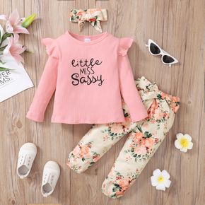 2-piece Toddler Girl Letter Embroidered Ruffled Pink Long-sleeve Top and Floral Print Belted Pants Set