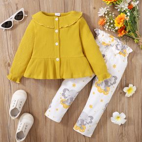 2-piece Toddler Girl Button Design Long-sleeve Ribbed Yellow Top and Koala Stars Print Paperbag Pants Set