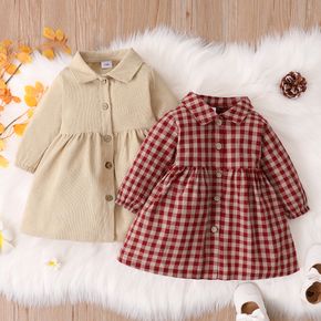 Baby Girl 100% Cotton Plaid/Khaki Corduroy Lapel Button Down Long-sleeve Dress