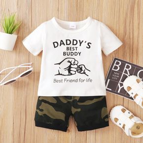 2pcs Baby Boy Fist and Letter Print Short-sleeve T-shirt with Camo Shorts Set