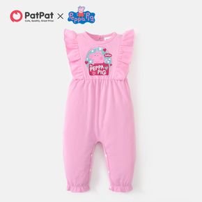 Peppa Pig Baby Girl Cartoon Pig and Letter Print Pink Sleeveless Ruffle Cotton Jumpsuit
