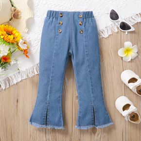 Toddler Girl Button Design Slit Front Tassel Cuff Blue Denim Jeans