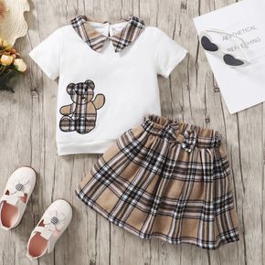 2pcs Toddler Girl Doll Collar Bear Print Short-sleeve Tee and Bowknot Design Plaid Skirt Set