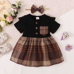 2pcs Baby Girl 95% Cotton Ribbed Ruffle Short-sleeve Splicing Plaid Button Up Dress with Headband Set