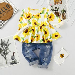2pcs Baby Girl All Over Sunflower Floral Print Long-sleeve Top and Ripped Jeans Set