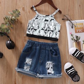 2pcs Toddler Girl Comic Print Halter Camisole and Ripped Denim Shorts Set