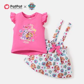 PAW Patrol 2pcs Toddler Girl Backless Flutter-sleeve Pink Cotton Tee and Bowknot Design Suspender Skirt Set