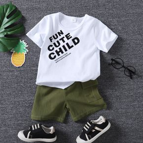2pcs Toddler Boy Casual Letter Print Tee and Pocket Design Cargo Shorts Set