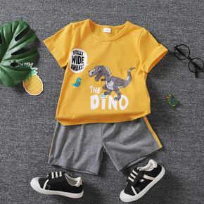 2pcs Toddler Boy Casual Letter Dinosaur Print Tee and Striped Shorts Set