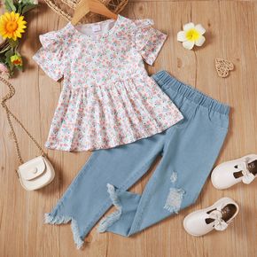 2pcs Toddler Girl Ruffled Floral Print Short-sleeve Tee abd Irregular Cuff Cotton Ripped Denim Jeans Set