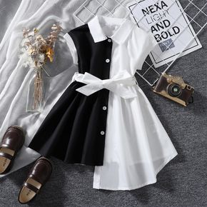 Toddler Girl Lapel Collar Button Design Irregular Hem Black & White Splice Short-sleeve Dress