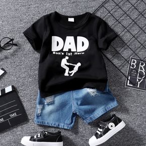 Father's Day 2pcs Toddler Boy Playful Ripped Denim Shorts Letter Print Tee Set
