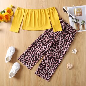 2pcs Toddler Girl Off Shoulder Long-sleeve Yellow Tee and Leopard Print Pants Set