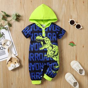 Baby Boy Allover Letter and Dinosaur Print Short-sleeve Hooded Jumpsuit