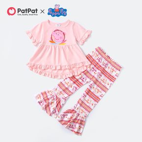 Peppa Pig 2pcs Toddler Girl Ruffled High Low Short-sleeve Pink Tee and Allover Print Flared Pants Set