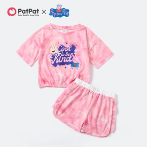 Peppa Pig 2pcs Toddler Girl Tie Dyed Letter Print Short-sleeve Drop Shoulder Tee and Pink Shorts Set