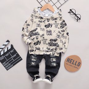 2pcs Toddler Boy Trendy Ripped Denim Jeans And Letter Print Hoodie Sweatshirt Set