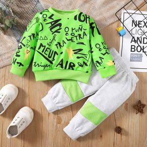 2pcs Baby Boy Allover Letter Print Long-sleeve Pullover Sweatshirt and Colorblock Sweatpants Set