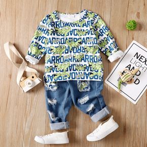 2pcs Toddler Boy Trendy Ripped Denim Jeans and Dinosaur Print Sweatshirt Set
