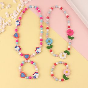 2-pack Wood Floral Unicorn Beaded Necklace and Bracelet Jewelry Set for Girls