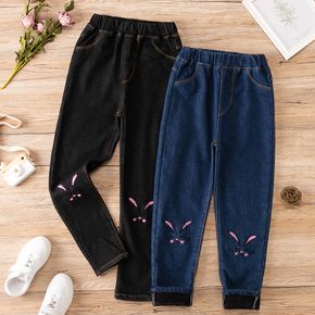 Kid Girl Cute Animal Rabbit Embroidered Fleece Lined Denim Jeans
