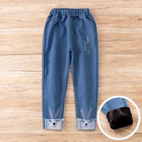 Kid Girl Rabbit Embroidered Fleece Lined Denim Jeans