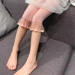 Kid Girl Solid Color Lace Design Ribbed Elasticized Leggings