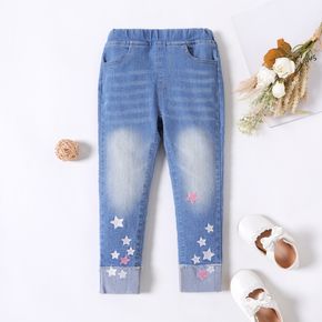 Toddler Girl 100% Cotton Star Embroidered Elasticized Denim Jeans