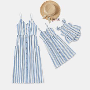 Mosaic Blue and White Vertical Stripe Matching Sling Midi Dresses
