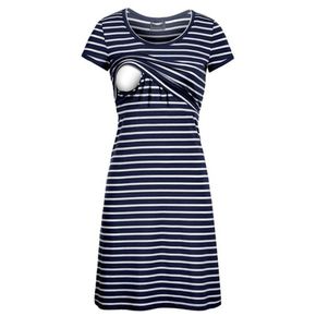 Casual Striped Short-sleeve Nursing Dress （ Random printing position）