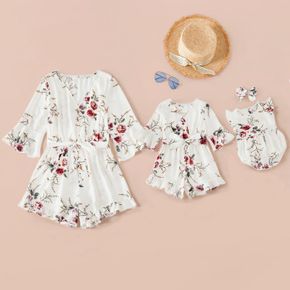 Floral Print Mid-sleeve Matching White Shorts Rompers