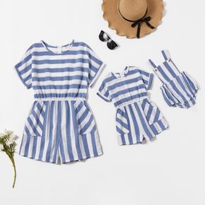 100% Cotton Blue and White Stripe Short-sleeve Matching Shorts Rompers