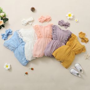 2pcs Baby Girl 95% Cotton Lace Flutter-sleeve Romper with Headband Set