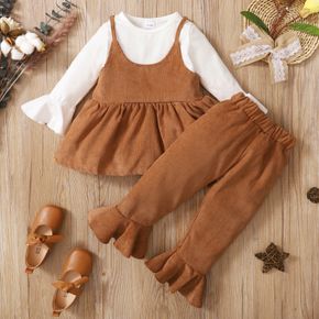 2-piece Toddler Girl Bell sleeves Faux-two Peplum Top and Corduroy Flared Pants Set
