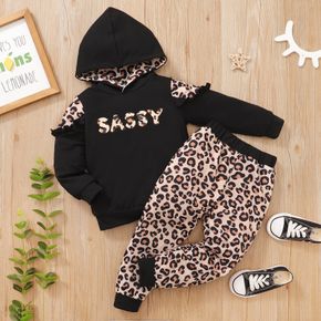 2-piece Toddler Girl Letter Leopard Print Hoodie and Elasticized Pants Set