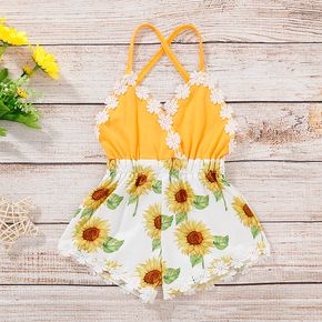 Baby Girl 95% Cotton Spaghetti Strap Solid Splicing Sunflower/ Pineapple Print Romper