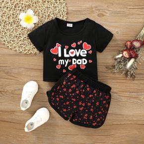 Father's Day 2pcs Toddler Girl Letter Heart Print Short-sleeve Black Tee and Shorts Set